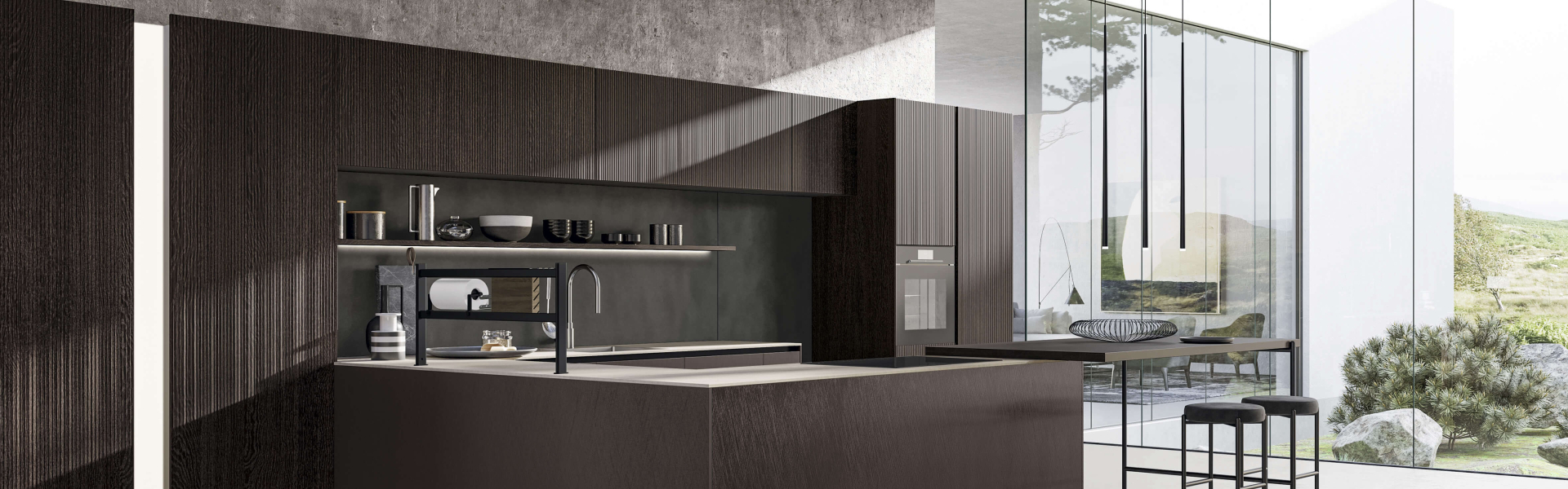 Дизайн Roma Privilegio позволяет создать элегантную и изысканную кухню, в которой сочетаются технологические и натуральные материалы. Ниже приведены несколько примеров композиций, которые помогут вам представить свою новую кухню.