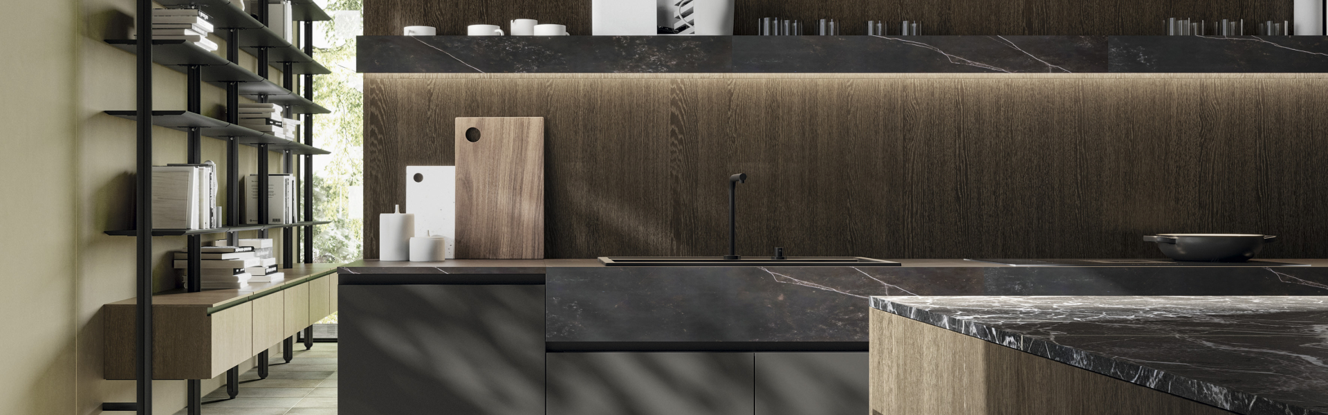 Столешницы с бортиком, высокие шкафы со складными дверцами, острова в центре комнаты — возможности персонализации модели Vetro & Pietra безграничны. Ниже представлены лишь некоторые из них.