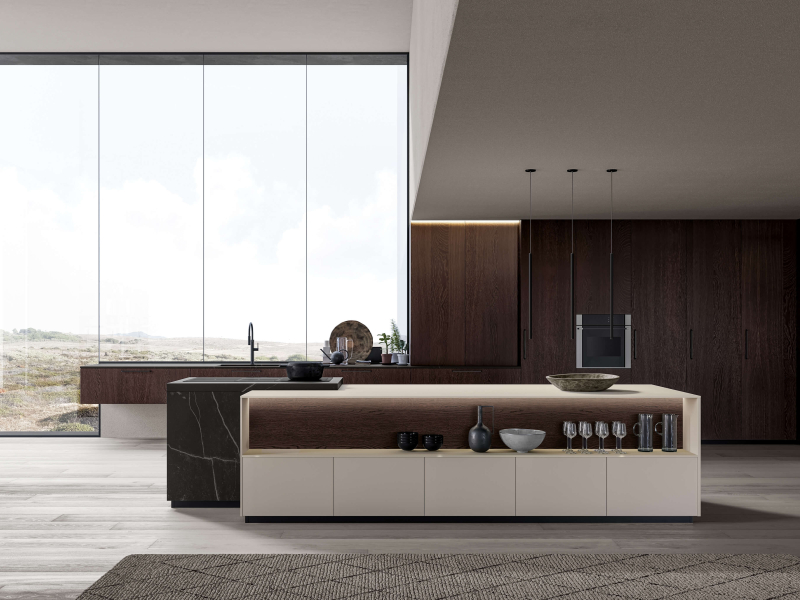 Ультраматовая столешница Island CX 10 с ручкой. Столешница, боковые панели и задняя панель острова из керамогранита Kelya Natural. Столешница и боковые панели из керамогранита Blanco Plus Abujardado Pacific. Подвесные тумбы и высокие тумбы CX 10 из термоо